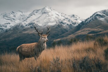 Obraz premium Deer stands majestically in the wilderness against a backdrop of snow-capped mountains during late afternoon light in a serene natural habitat