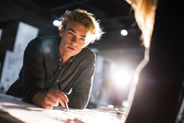 Focused young professional male architect working on blueprint at modern design office, brainstorming project ideas, concentrated creative individual in dynamic workplace