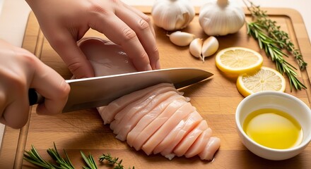 A food preparation setup showing a chef’s hand slicing raw chicken breast on a wooden cutting board with a sharp kitchen knife