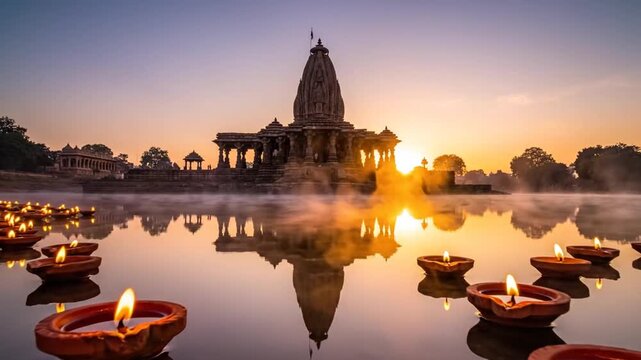 hindu temple with floating lamps reflection at sunset