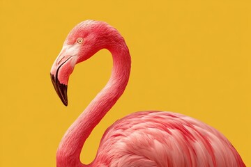 Fototapeta premium Bright pink flamingo gracefully posed against a vibrant yellow background showcasing natural beauty and elegance in an artistic setting