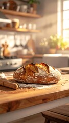 Freshly baked bread on a wooden surface in a sunlit kitchen