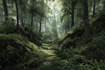 Fototapeta premium Sunlight filters through the lush green canopy of a serene forest, illuminating the vibrant undergrowth and creating a tranquil atmosphere