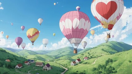 A scenic illustration of a clear, blue sky with numerous colorful hot air balloons floating over rolling green hills and small houses - Powered by Adobe