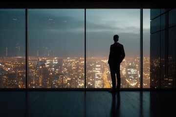 Fototapeta premium Silhouette of business professional observing city skyline at night, modern office, city lights, urban view, solitude, reflection, metropolitan landscape, executive, corporate, urban ambiance