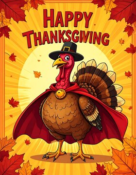 Happy Thanksgiving Turkey Cartoon with Cape and Pilgrim Hat