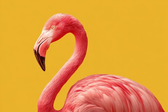 Bright pink flamingo gracefully posed against a vibrant yellow background showcasing natural beauty and elegance in an artistic setting