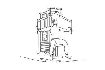 Single continuous line drawing young man is performing a pec deck fly on a gym machine, illustrating upper body strength and a focused fitness workout. One line draw graphic design vector illustration