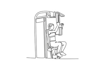Single one line drawing woman is performing seated shoulder press on gym machine, focused upper body strength and disciplined fitness workout. Continuous line draw design graphic vector illustration