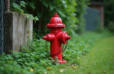 Bright red fire hydrant on green grass lawn in summer park backyard. Metal firefighting equipment for safety, protection. Emergency water supply pipe with valve, hose connection ready for use in