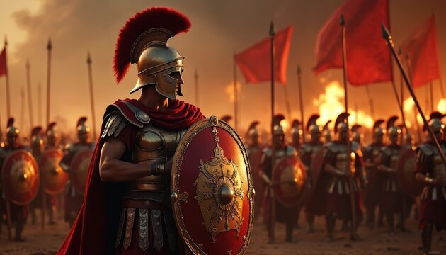 Roman legionaries stand in battle formation on sandy plain. Soldiers hold shields, spears under dramatic lighting. Scene depicts ancient warfare, military power. Large red banner waves behind troops.