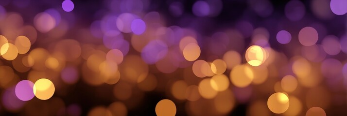 Vibrant abstract bokeh lights background in purple and gold hues, festive glowing circles pattern, dreamy and magical atmosphere, perfect for holiday celebrations and creative design projects