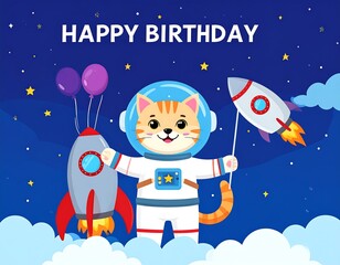Fototapeta premium A cheerful cat in an astronaut suit celebrating a birthday in space