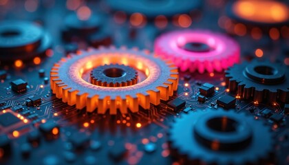 Glowing gears form intricate circuit board pattern. Tech machinery with digital elements represent precision. Light effects design, connectivity. Futuristic tech idea illustration with neon glow.