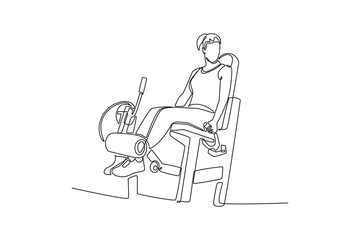 Single one line drawing beauty girl is performing seated leg extension exercise on gym machine. Lower body strength and focused fitness workout. Continuous line draw design graphic vector illustration