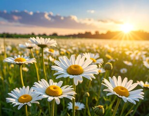 Field of daisies bathed in golden sunset light