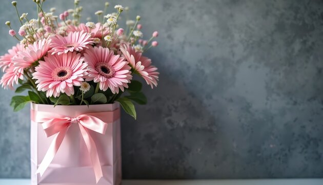 Pink gerbera daisy flowers arranged in pink box with ribbon. Gentle bloom bunch in soft light, studio backdrop. Perfect for greeting cards, gifts, and celebrations like Mothers Day or Valentines Day.