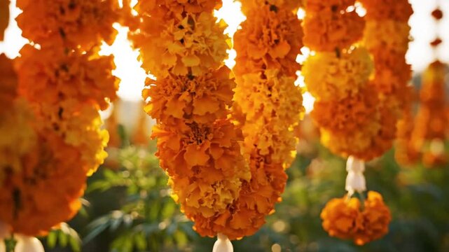 golden marigold garlands hanging in bright sunlight