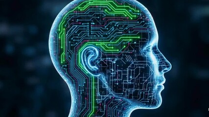 Neon circuits within a human head outline, symbolizing artificial intelligence, data flow, and advanced digital processing - Powered by Adobe