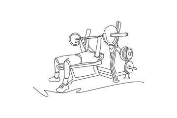 Single continuous line drawing young man is performing heavy barbell bench press on weight bench, illustrating strength, focus, and intense training. One line draw graphic design vector illustration