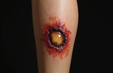 Close-up photo of infected wound on a leg. The open sore reveals severe inflammation signs. Health issue affects skin with visible signs of poor healing.