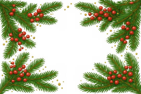 Christmas pine branches with red berries and golden glitter decorating a holiday border with transparent background - Powered by Adobe