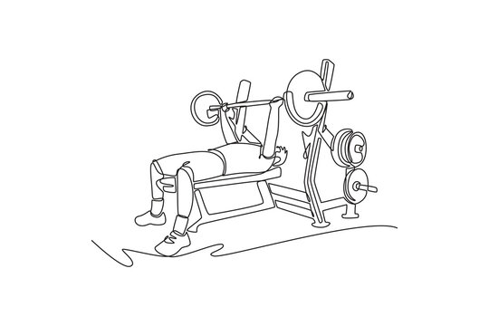 Single continuous line drawing young man is performing heavy barbell bench press on weight bench, illustrating strength, focus, and intense training. One line draw graphic design vector illustration