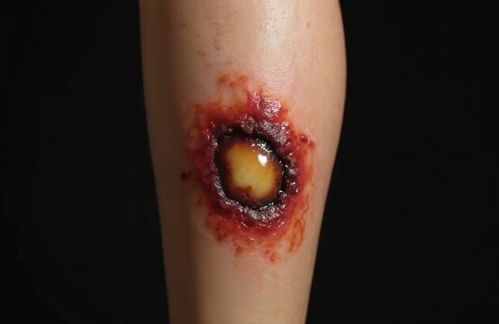 Close-up photo of infected wound on a leg. The open sore reveals severe inflammation signs. Health issue affects skin with visible signs of poor healing.