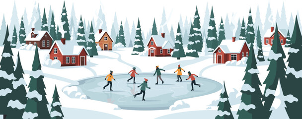 Winter village ice skating scene with snowy pine trees, festive houses, frozen pond, joyful people, serene landscape, seasonal outdoor activity.