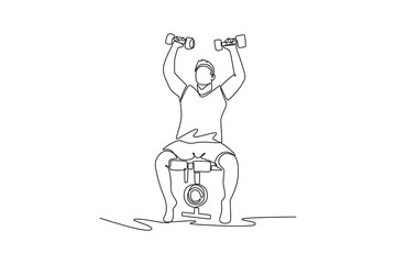 Single one line drawing young man is performing dumbbell shoulder press on weight bench, illustrating strength, focus, and dynamic gym workout. Continuous line draw design graphic vector illustration