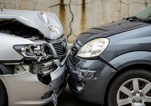 Close-up image of a two-car front-to-back collision showing moderate damage to the vehicles' bumpers and hoods