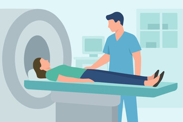 Flat vector of MRI technologist preparing patient for scan in hospital setting