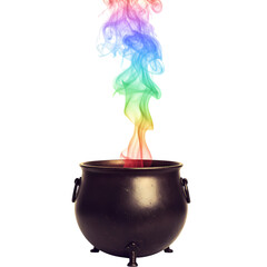 Cauldron bubbling with rainbow smoke for magical themes on transparent background