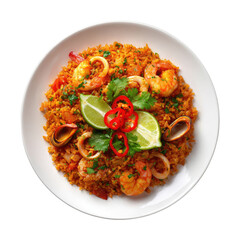 Seafood & rice dish shrimp, squid, lime, cilantro, peppers on plate