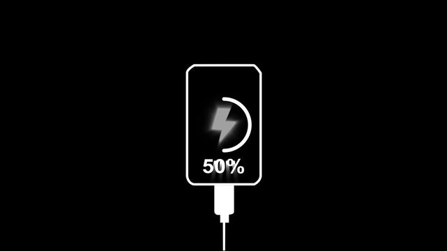 fast charging smartphone. the charging process is displayed on the screen. power voltage. Smartphone charging icon 100 percent battery level lightning bolt symbol connected to white cable. 4k video.