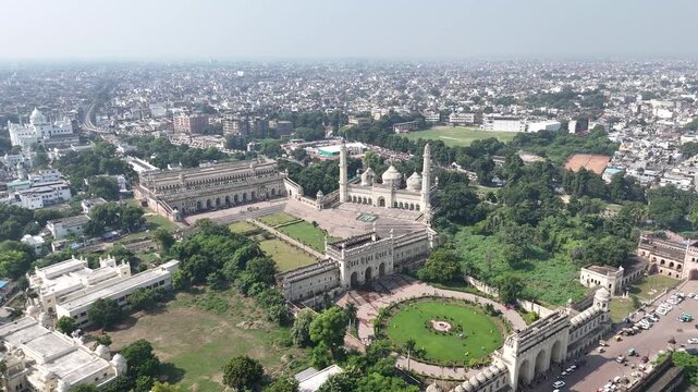 Aerial 4k shot of Bara Imambara at Husainabad, Lucknow, Uttar Pradesh, India