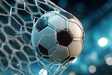 Soccer ball expertly bends into the goal capturing the moment of triumph at a competitive match under bright stadium lights