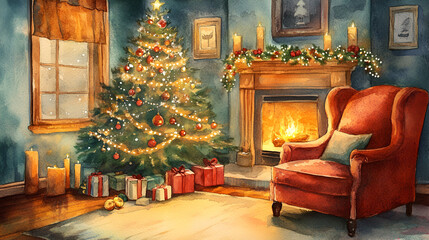 Watercolor Christmas living room with a decorated tree fireplace and armchair cozy holiday illustration for greeting cards and seasonal designs