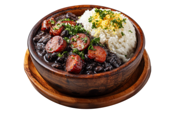 Traditional Brazilian feijoada dish with rice, black beans, beef chunks, stew pork and fresh orange slices in bowl isolated on white transparent background