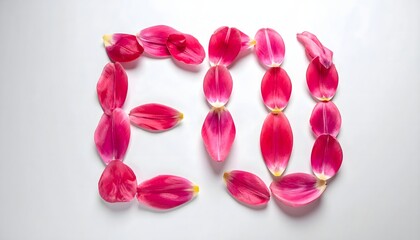 Artistic floral arrangement spelling "EO" using pink tulip petals on a white surface to evoke freshness and creativity