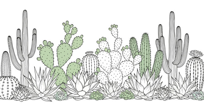 Modern Mixed Cactus & Succulent Border - Line Art with Pastel Green Accents