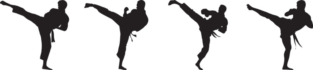 Silhouette of martial artists performing high kicks in various dynamic poses, symbolizing strength, discipline, and agility — vector illustration of karate or taekwondo practitioners on white backgrou