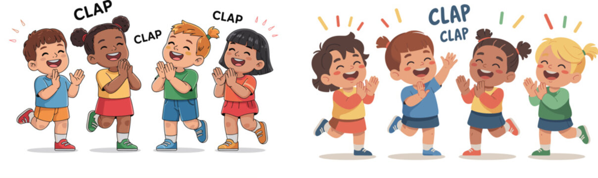 Set of Happy Diverse Multiethnic Children Clapping Hands and Cheering Vector Illustration