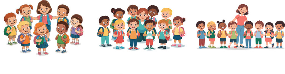 Set of Happy Diverse Elementary School Students and Teacher with Backpacks Ready for Class Vector