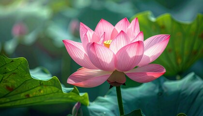 Obraz premium Close-up of a pink lotus flower surrounded by large green leaves.