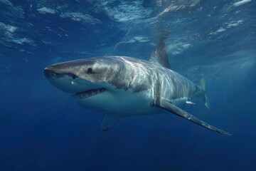 Fototapeta premium Shark swimming gracefully through crystal clear waters in a vibrant underwater environment