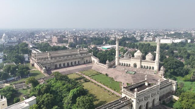 Aerial 4k shot of Bara Imambara at Husainabad, Lucknow, Uttar Pradesh, India