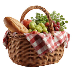 Wicker basket filled with bread, fruit, lettuce, and checkered cloth