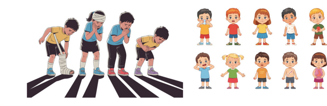 Set of Sick and Injured Children Suffering from Illnesses, Pain, and Broken Bones Vector Collection