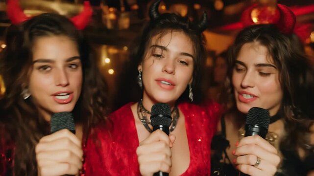 Beautiful young friends, dressed in devilish costumes with horns, enthusiastically singing into microphones at a karaoke or costume party.